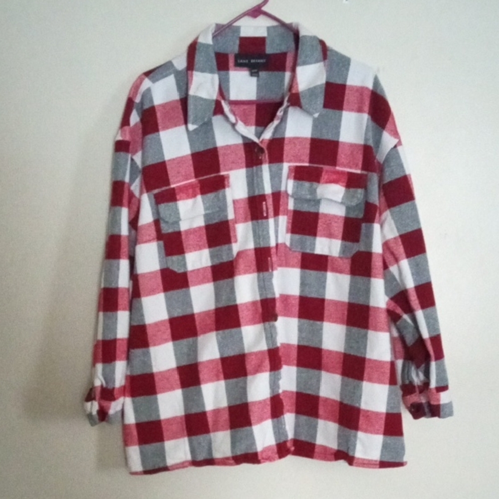 Lane Bryant Flannel Cotton Red Plaid Button Long Sleeve Plus Size 22-24